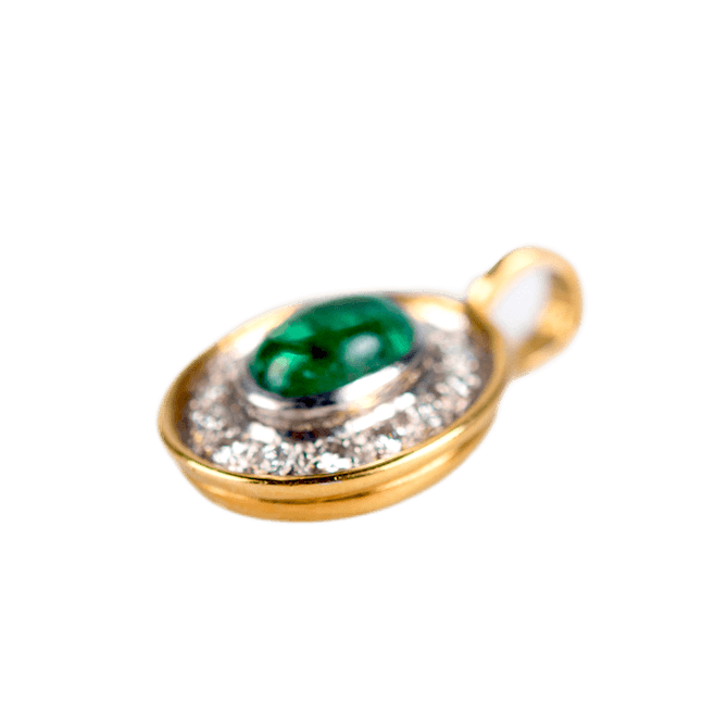 Anhänger an Klappöse in 750 Gelbgold, mit einem Smaragd-Cabochon und 14 Diamanten