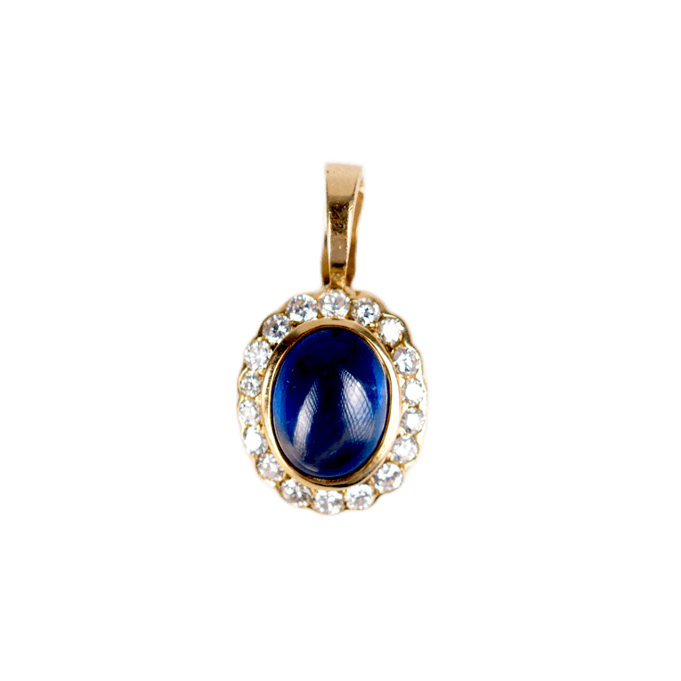 Anhänger an Klappöse in 750 Gelbgold mit einem Saphir Cabochon und 18 Diamanten im Brillantschliff