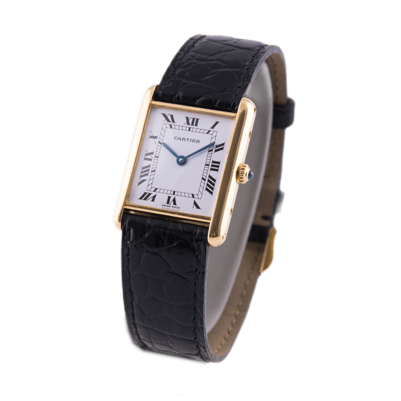 Cartier Tank Armbanduhr in 750 Gelbgold mit Quarzwerk. Weißes Zifferblatt mit römischen Ziffern