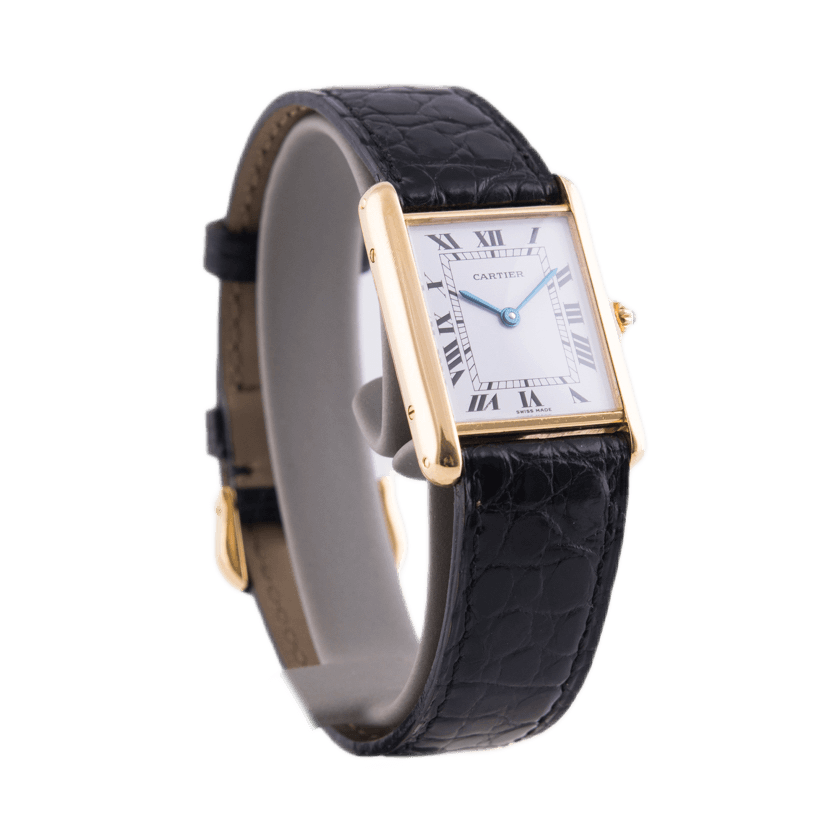 Cartier Tank Armbanduhr in 750 Gelbgold mit Quarzwerk. Weißes Zifferblatt mit römischen Ziffern