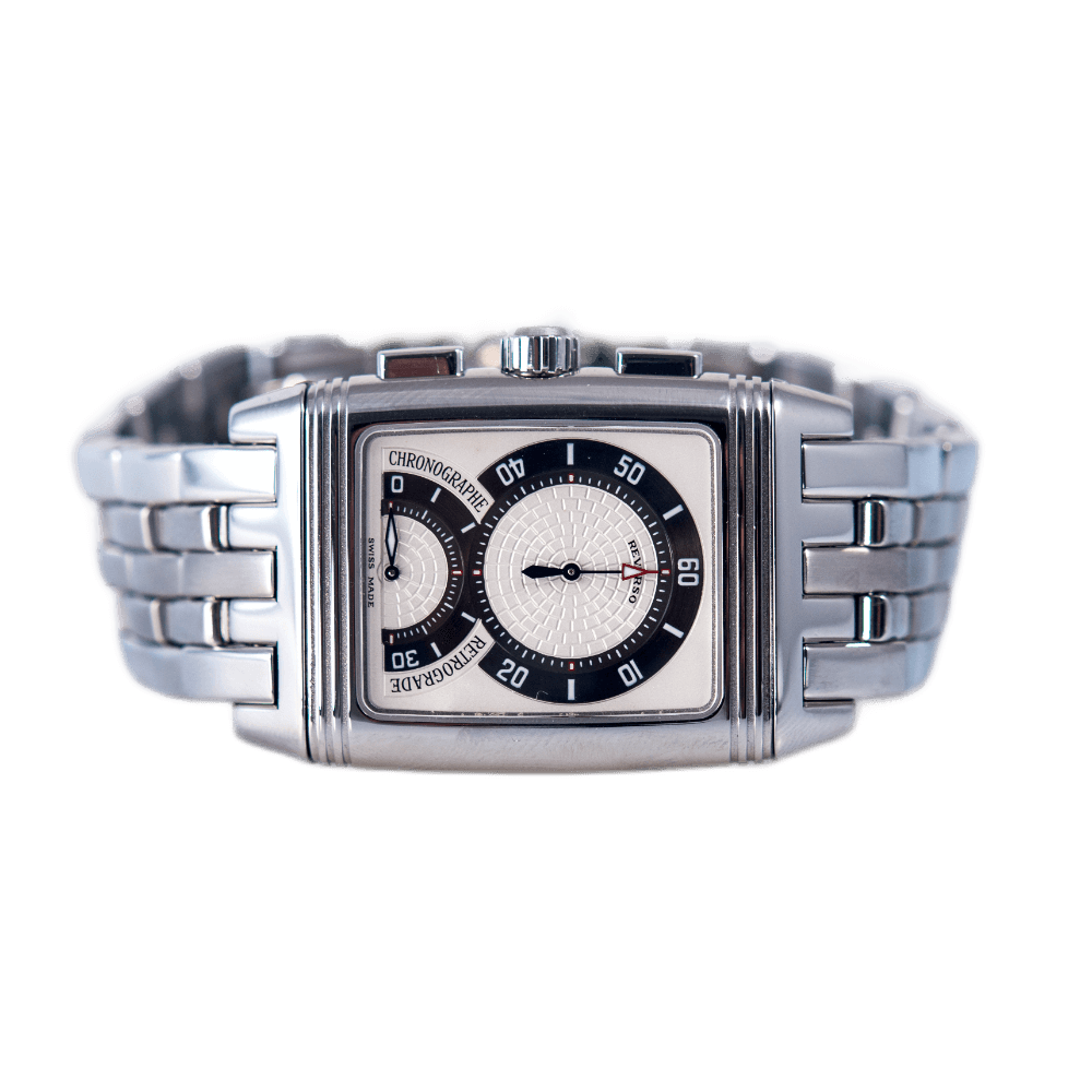 Jaeger LeCoultre Reverso Gran'Sport Chronograph Armbanduhr in Edelstahl mit Automatikwerk.