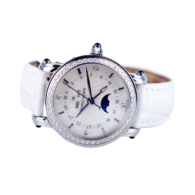 Maurice Lacroix Masterpiece Phase de Lune Damenuhr in Edelstahl mit Diamant-Lünette
