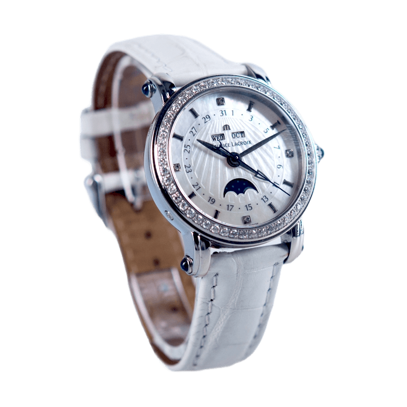 Maurice Lacroix Masterpiece Phase de Lune Damenuhr in Edelstahl mit Diamant-Lünette