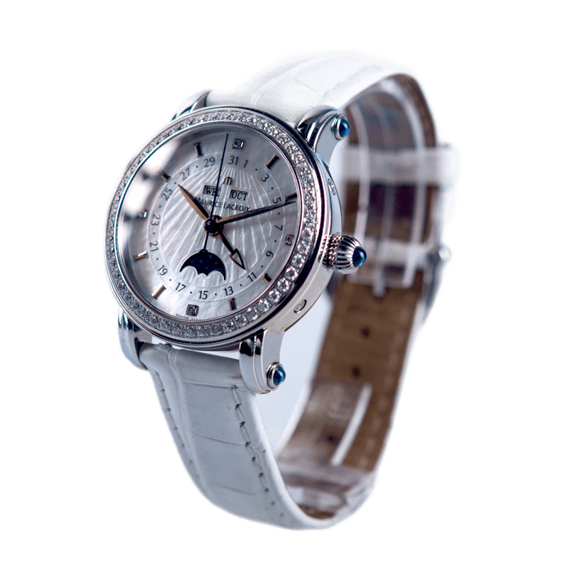 Maurice Lacroix Masterpiece Phase de Lune Damenuhr in Edelstahl mit Diamant-Lünette
