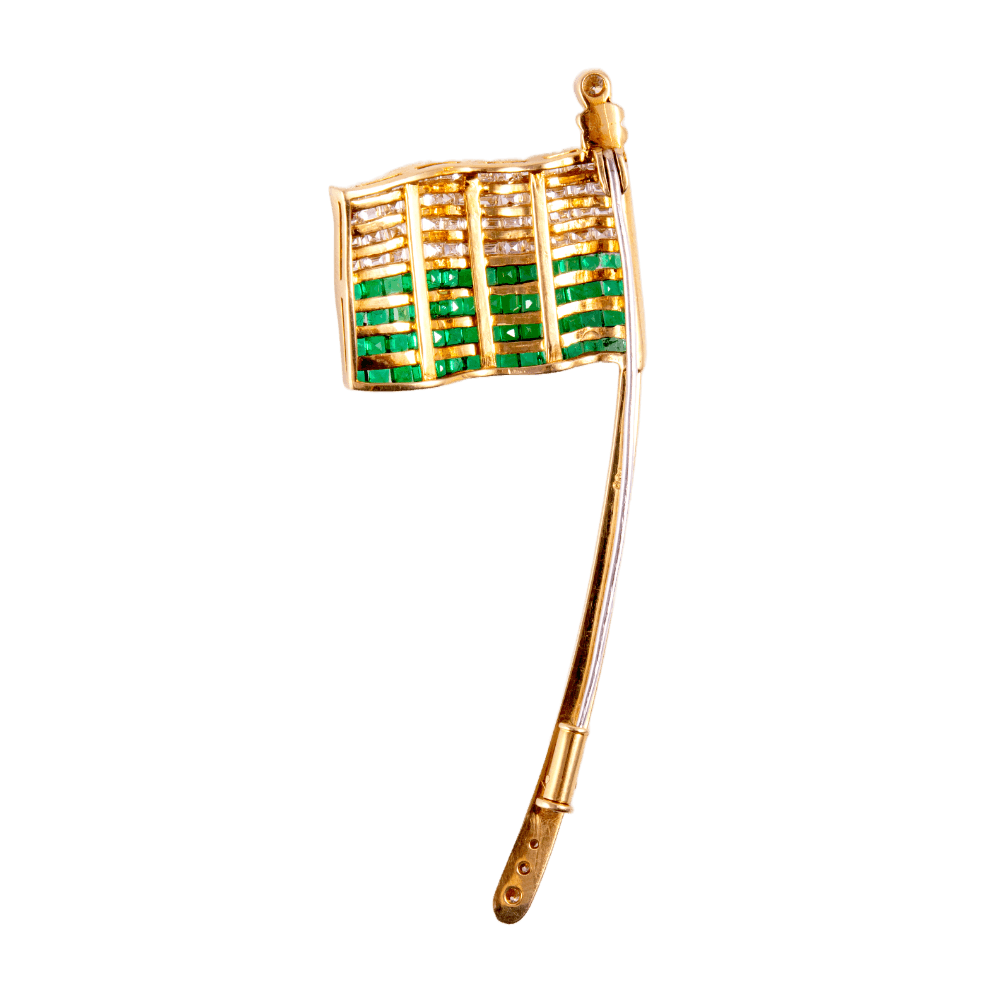 Brosche 750 Gelbgold mit Diamanten und Smaragden