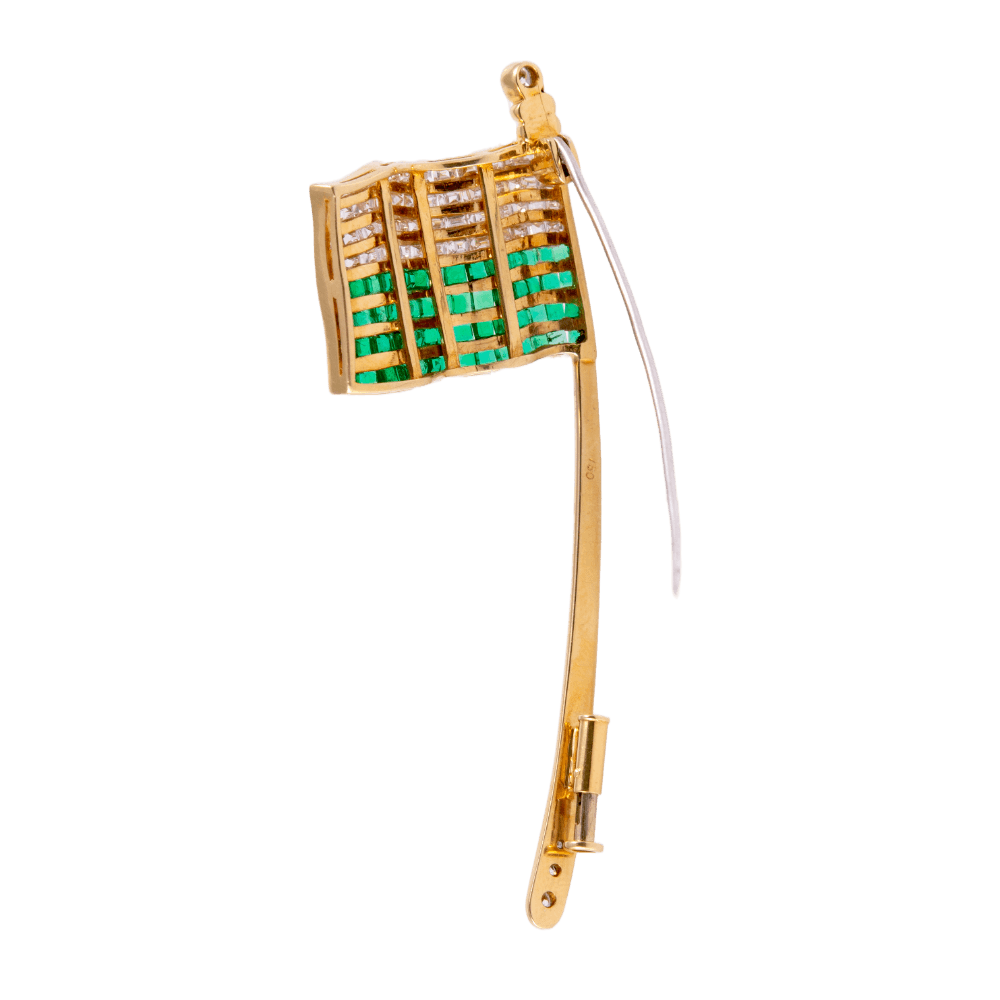 Brosche 750 Gelbgold mit Diamanten und Smaragden