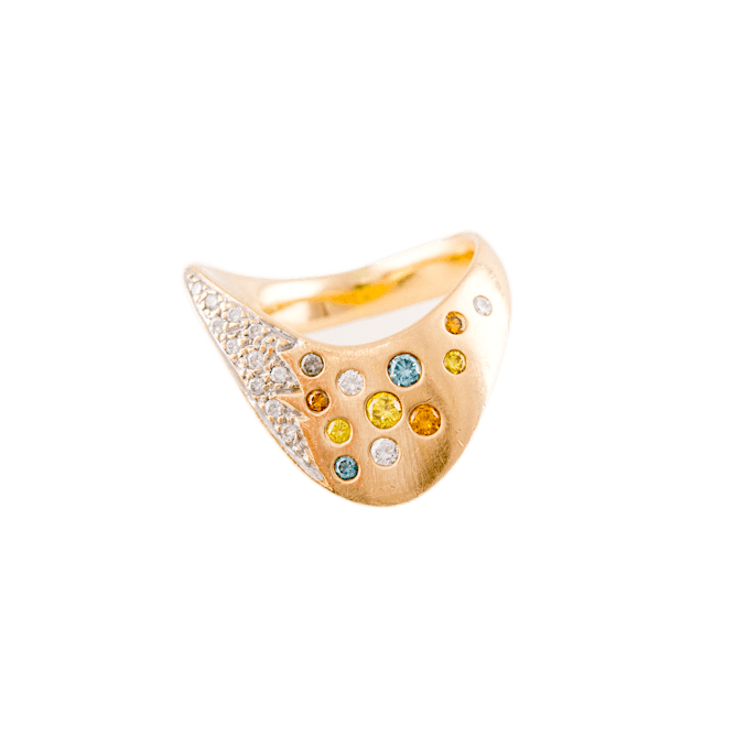 Ring in 585 Gelbgold mit neun farbigen Brillanten
sowie 14 weißen Brillanten