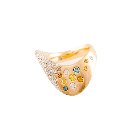 Ring in 585 Gelbgold mit neun farbigen Brillanten
sowie 14 weißen Brillanten