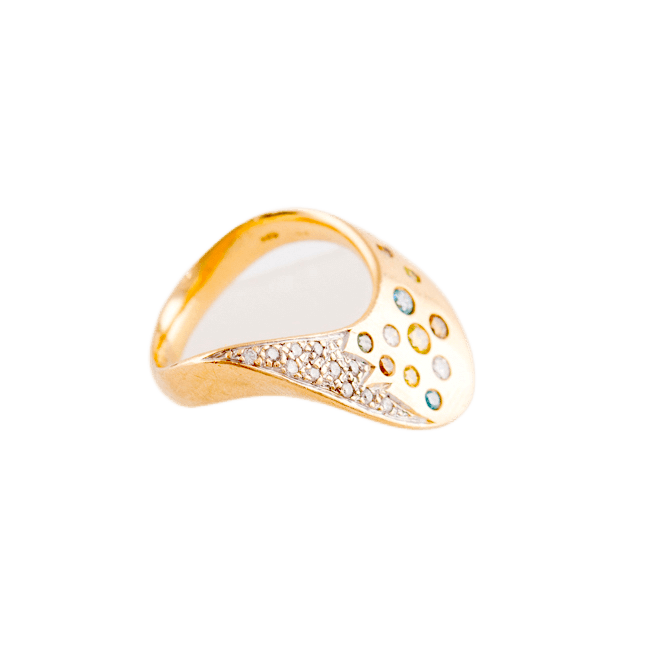 Ring in 585 Gelbgold mit neun farbigen Brillanten
sowie 14 weißen Brillanten