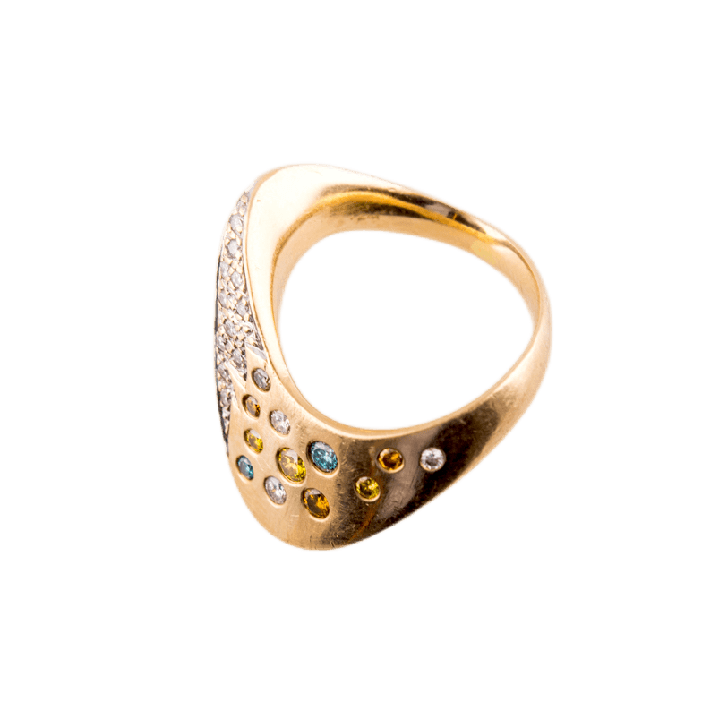 Ring in 585 Gelbgold mit neun farbigen Brillanten
sowie 14 weißen Brillanten
