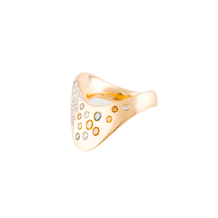 Ring in 585 Gelbgold mit neun farbigen Brillanten
sowie 14 weißen Brillanten