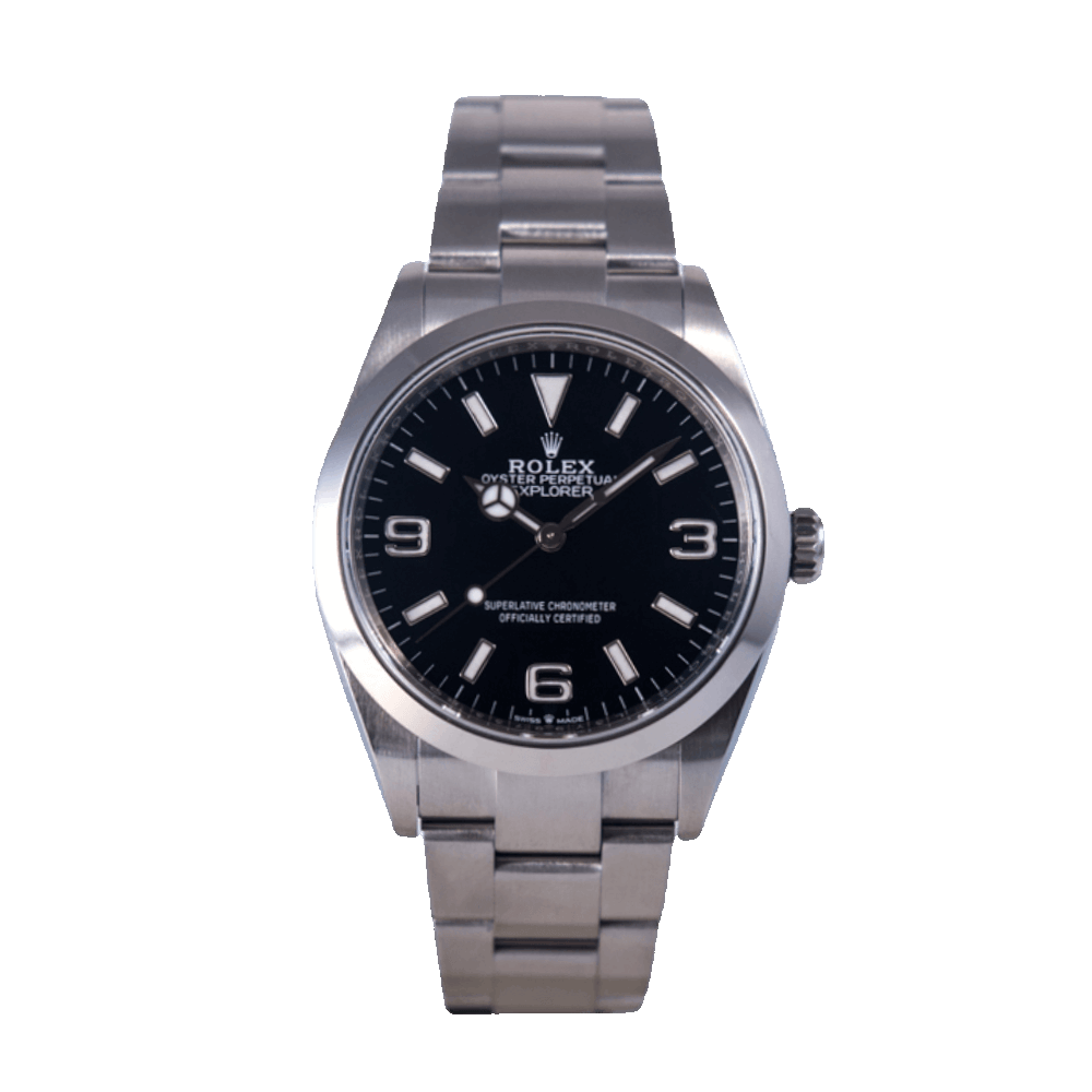 Rolex Explorer 1 Armbanduhr in Edelstahl mit Automatikwerk.