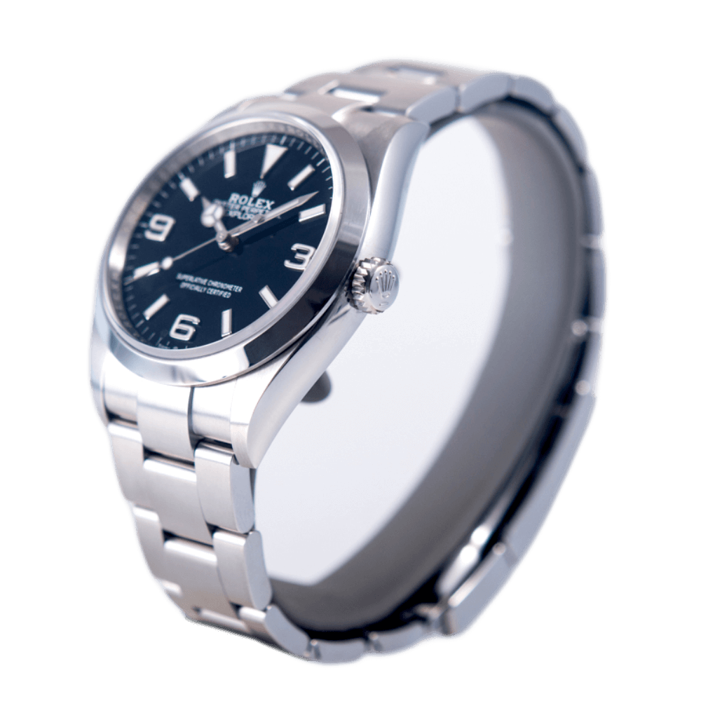 Rolex Explorer 1 Armbanduhr in Edelstahl mit Automatikwerk.