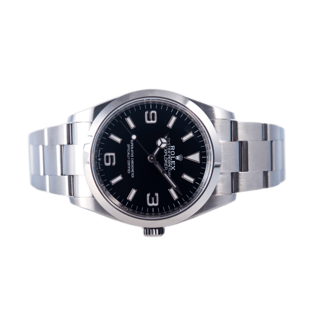Rolex Explorer 1 Armbanduhr in Edelstahl mit Automatikwerk.