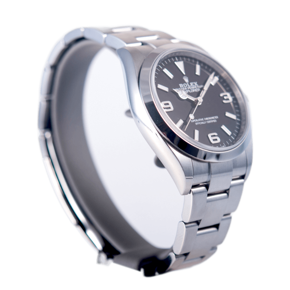 Rolex Explorer 1 Armbanduhr in Edelstahl mit Automatikwerk.
