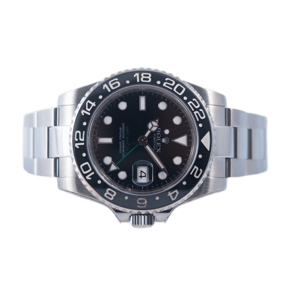 Rolex GMT-Master II Armbanduhr in Edelstahl mit Automatikwerk.