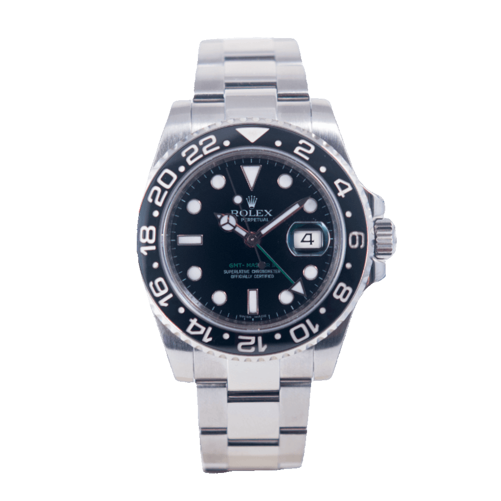 Rolex GMT-Master II Armbanduhr in Edelstahl mit Automatikwerk.