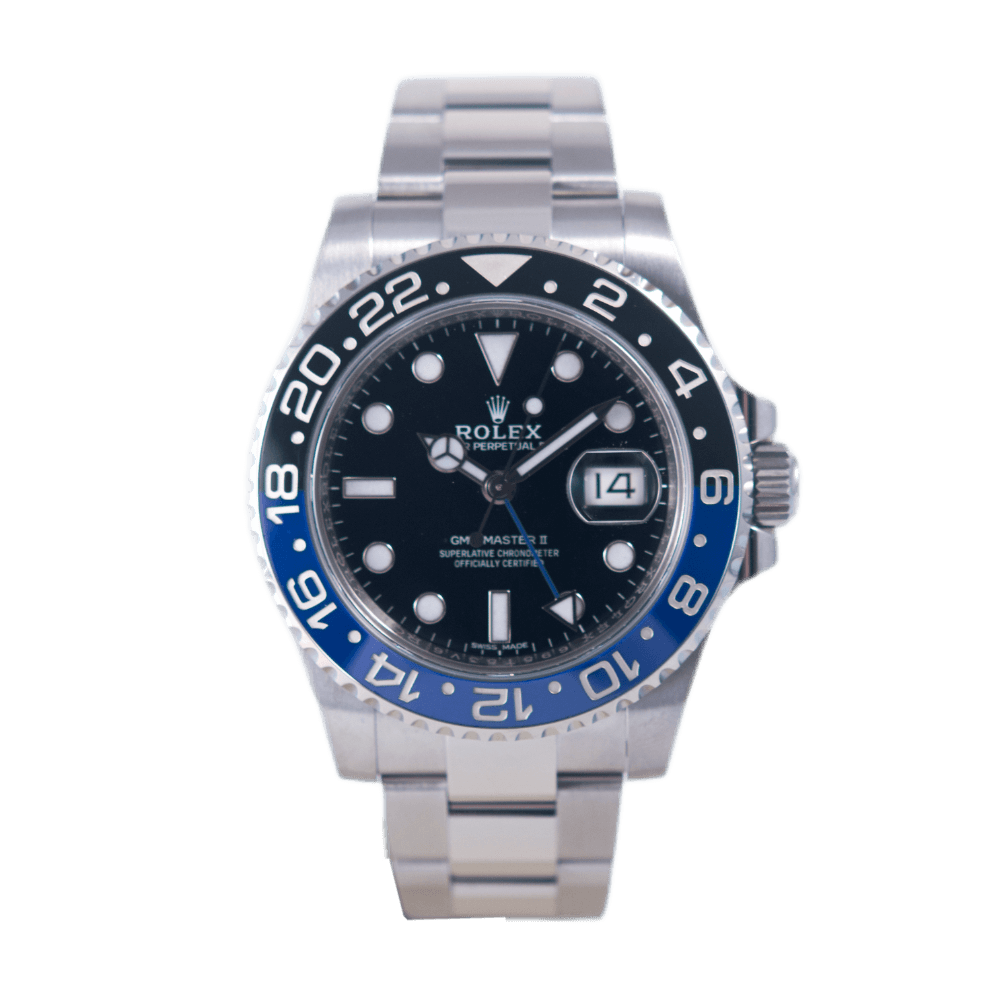 Rolex Oyster Perpetual GMT-Master II Batman Herrenuhr in Edelstahl mit Automatikwerk.