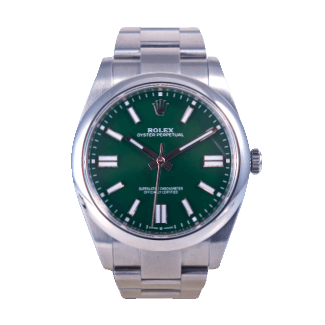Rolex Oyster Perpetual 41 in Edelstahl mit Automatikwerk. Zifferblatt grün-ind