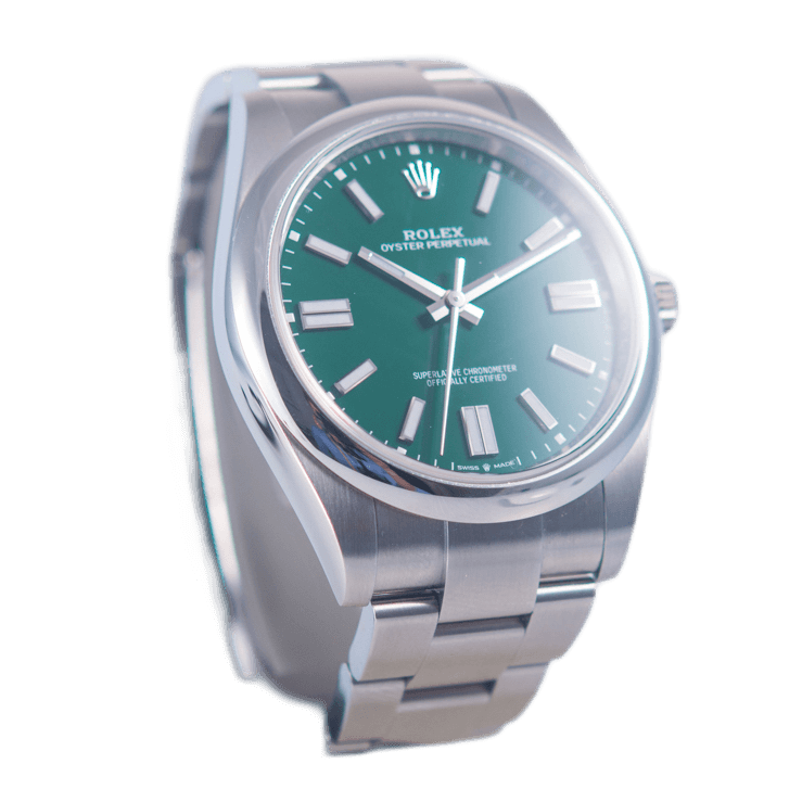 Rolex Oyster Perpetual 41 in Edelstahl mit Automatikwerk. Zifferblatt grün-ind