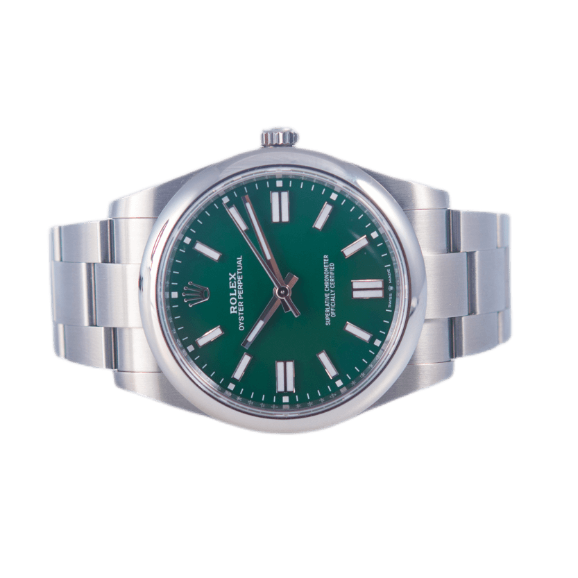 Rolex Oyster Perpetual 41 in Edelstahl mit Automatikwerk. Zifferblatt grün-ind
