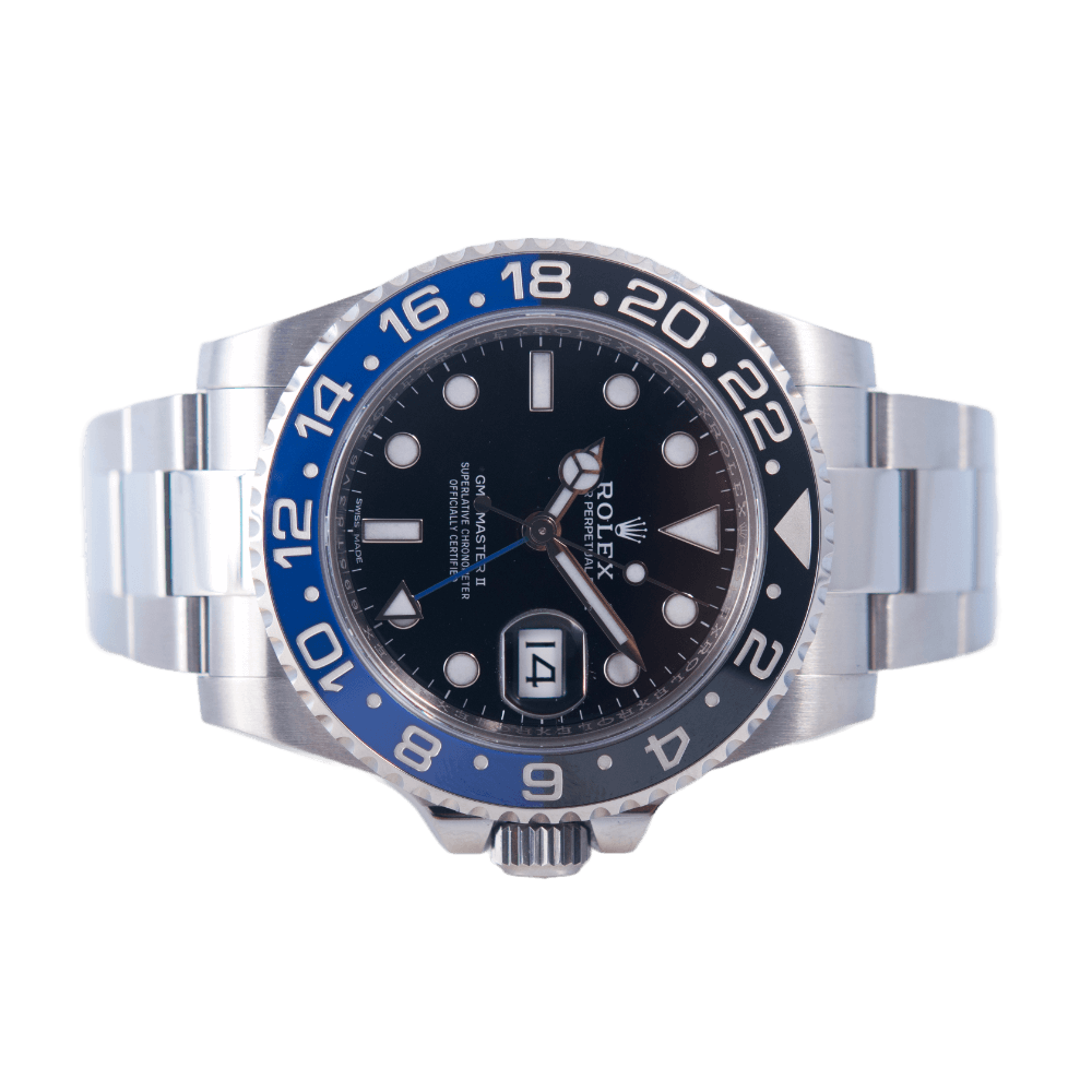 Rolex Oyster Perpetual GMT-Master II Batman Herrenuhr in Edelstahl mit Automatikwerk.