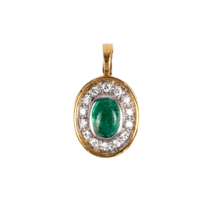 Anhänger an Klappöse in 750 Gelbgold, mit einem Smaragd-Cabochon und 14 Diamanten 