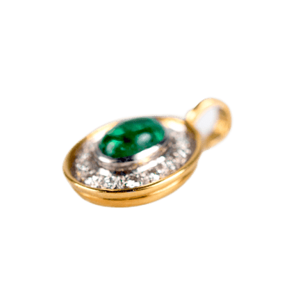 Anhänger an Klappöse in 750 Gelbgold, mit einem Smaragd-Cabochon und 14 Diamanten 