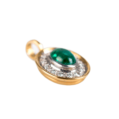 Anhänger an Klappöse in 750 Gelbgold, mit einem Smaragd-Cabochon und 14 Diamanten 