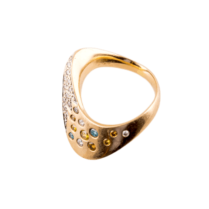 Ring in 585 Gelbgold mit neun farbigen Brillanten
sowie 14 weißen Brillanten 