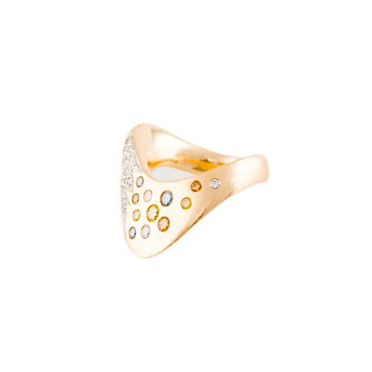 Ring in 585 Gelbgold mit neun farbigen Brillanten
sowie 14 weißen Brillanten 