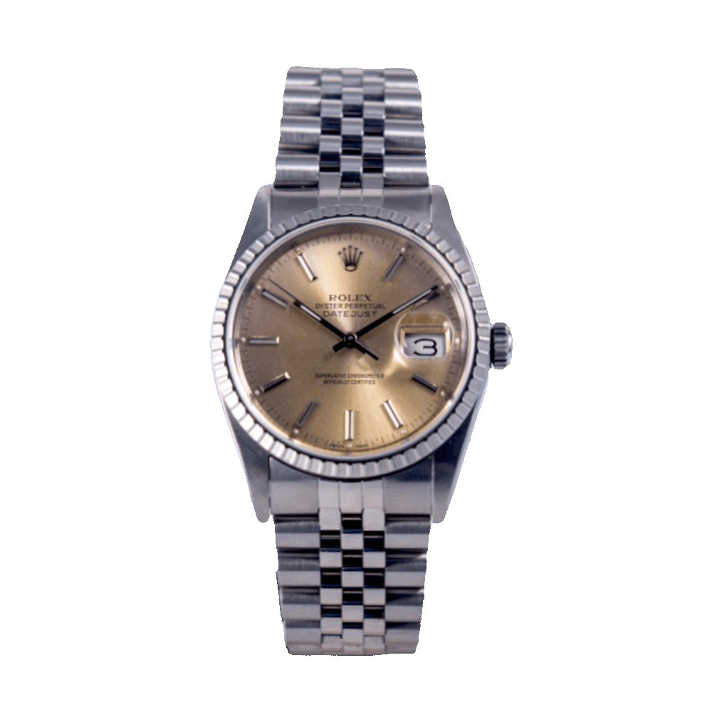 Rolex Datejust 36 Vintage in Edelstahl mit Automatikwerk. Zifferblatt silber-index mit leichter Patina.