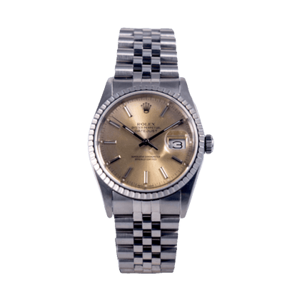 Rolex Datejust 36 Vintage in Edelstahl mit Automatikwerk. Zifferblatt silber-index mit leichter Patina.