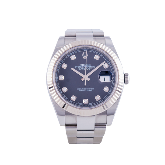 Rolex Oyster Perpetual Datejust 41 Armbanduhr
in Edelstahl mit Automatikwerk.
Zifferblatt schwarz-diamant