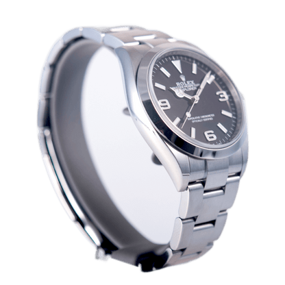 Rolex Explorer 1 Armbanduhr in Edelstahl mit Automatikwerk.