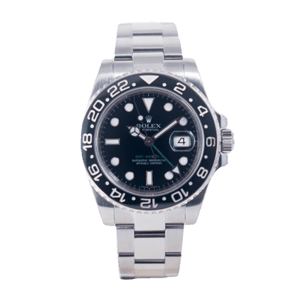 Rolex GMT-Master II Armbanduhr in Edelstahl mit Automatikwerk.