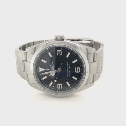 Rolex Explorer 1 Armbanduhr in Edelstahl mit Automatikwerk.